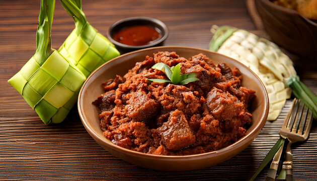 Generated image Rendang on the bowl, with ketupat as decoration on table