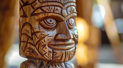 Ancient Indigenous Tiki Statue: Handmade Wooden Sculpture Celebrating Ethnic Folklore and Spiritual Heritage