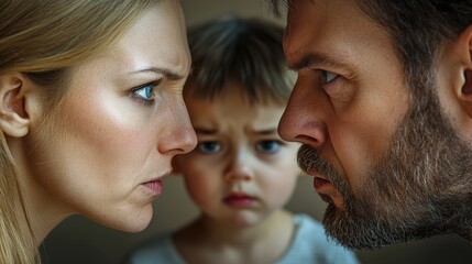 Fototapeta premium Sad Caucasian Child Watching Parents Argue