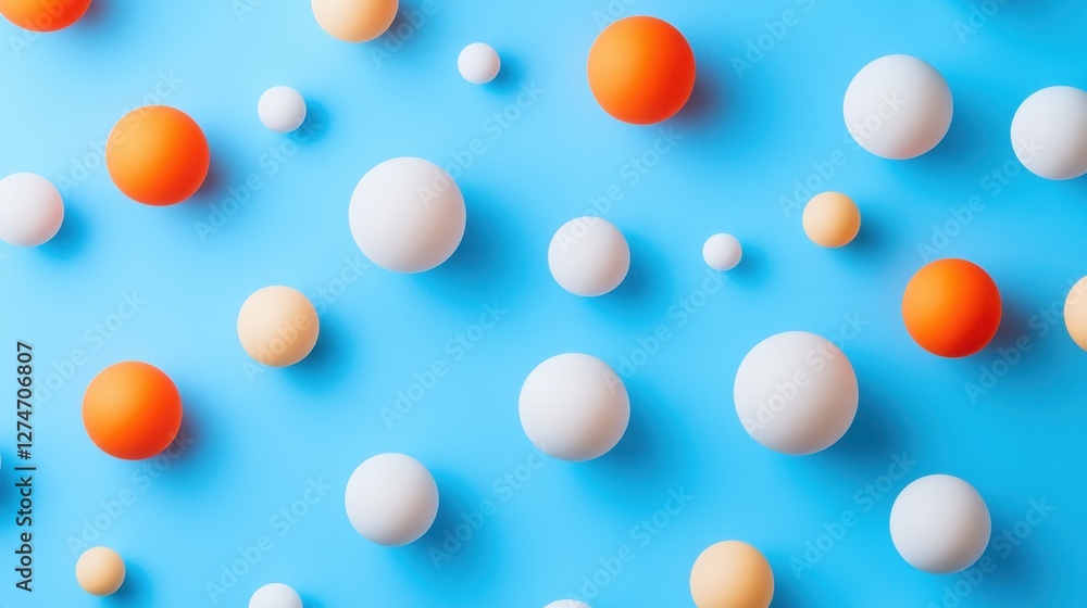 Poster a set of multicolored balls scattered across a modern abstract background.
