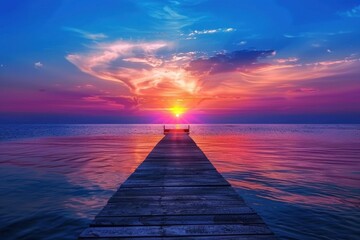 Obraz premium Peaceful wooden dock leading into calm waters at sunset near a scenic horizon with vibrant colors displayed in the evening sky