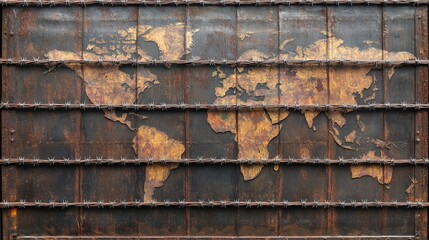 A world map with highlighted trade routes, covered in a thick layer of barbed wire, symbolizing tariff increases and the concept of trade fortresses in a global economy.