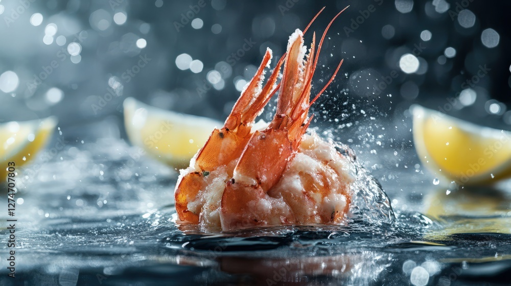Poster fresh shrimp splashes into water with lemon slices in the background, creating a vibrant scene