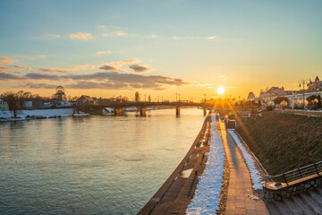 Fototapeta premium Warta riverside at sunset in Gorzow Wielkopolski in winter. Poland