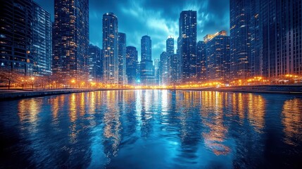 Obraz premium Illuminated city skyline reflecting in a calm river at night with tall buildings