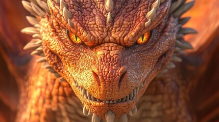 Fierce orange dragon close-up with fiery eyes and scales in a fantasy setting