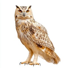 Naklejka premium A close-up of an owl, isolated on a white background, showcasing its intense gaze and detailed feathers, highlighting the beauty of this majestic bird of prey.