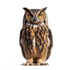 Naklejka premium A close-up of an owl, isolated on a white background, showcasing its intense gaze and detailed feathers, highlighting the beauty of this majestic bird of prey.
