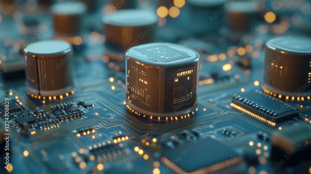 Aufkleber close-up shot of capacitor with circuit board-like reflections on a clean background.