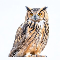 Obraz premium A close-up of an owl, isolated on a white background, showcasing its intense gaze and detailed feathers, highlighting the beauty of this majestic bird of prey.