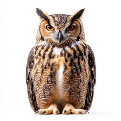 Obraz premium A close-up of an owl, isolated on a white background, showcasing its intense gaze and detailed feathers, highlighting the beauty of this majestic bird of prey.