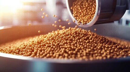 Obraz premium Close-up of soybeans pouring into industrial processing machine in sunlit factory