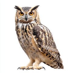 Naklejka premium A close-up of an owl, isolated on a white background, showcasing its intense gaze and detailed feathers, highlighting the beauty of this majestic bird of prey.