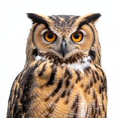 Fototapeta premium A close-up of an owl, isolated on a white background, showcasing its intense gaze and detailed feathers, highlighting the beauty of this majestic bird of prey.