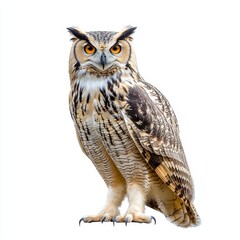 Fototapeta premium A close-up of an owl, isolated on a white background, showcasing its intense gaze and detailed feathers, highlighting the beauty of this majestic bird of prey.