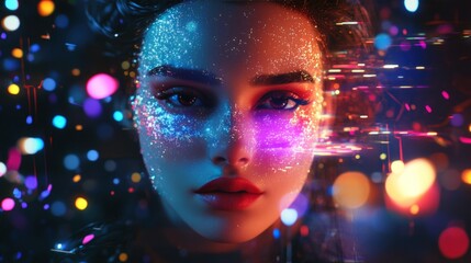 Woman, digital, art, face, lights, bokeh, future, background, ad