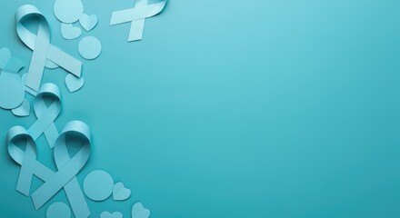 Fototapeta premium Turquoise ribbons and shapes on turquoise background, symbolizing prostate cancer awareness