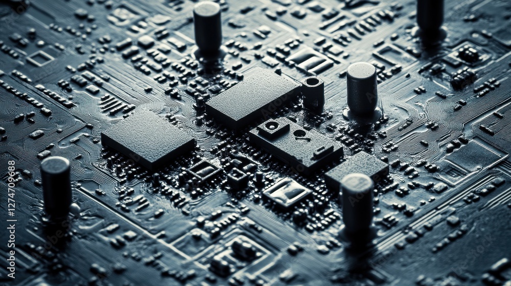 Poster detailed macro shot of a mosfet transistor with intricate labeling, isolated on a monochrome backgro