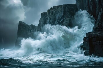 Majestic cliffs tower over crashing waves during a dramatic stormy sky in a coastal landscape