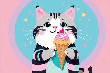 Minimalist fantasy whimsical domestic cute cartoon cat animal with pastel color background 
illustration texture design.