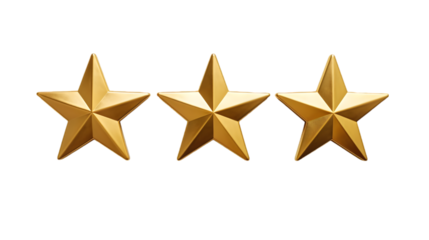 Three Golden Stars Isolated on White Background, Rating and Ranking Concept for Reviews, Quality, and Excellence