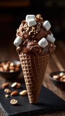 Rocky road ice cream delight on a chocolate cone with nuts and drizzle