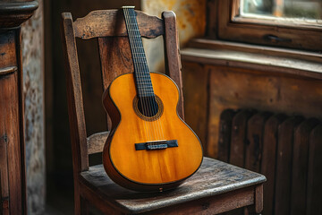 Obraz premium Guitar resting on an antique chair indoors. Window light illuminates, suggesting practice or performance. Stock for music, arts, lessons