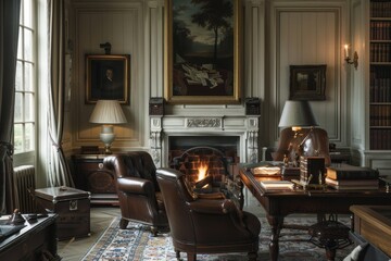 Cozy indoor study with a vintage charm showcasing a warm fireplace, antique furniture, and elegant decor illuminated by soft candlelight