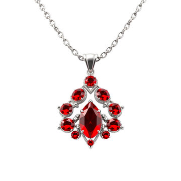 Silver necklace with red diamonds isolated on transparent background. Silver necklace with ruby, topaz, sapphir png. Jewelry and gemstones