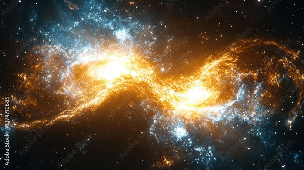 Poster cosmic collision of two galaxies in space, illuminating with vibrant colors and twisting spirals