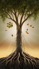 Cinematic Tree, Deep Roots, Falling Leaves in Wind, Golden Sunset. Symbol of Strength, Stability, and Life's Fleeting Moments, Generative AI.
