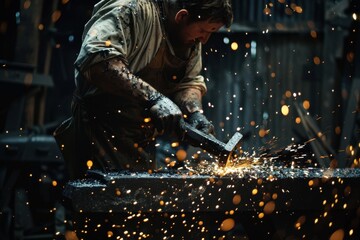 Blacksmith creates sparks while forging metal during a traditional craft demonstration in a workshop at dusk