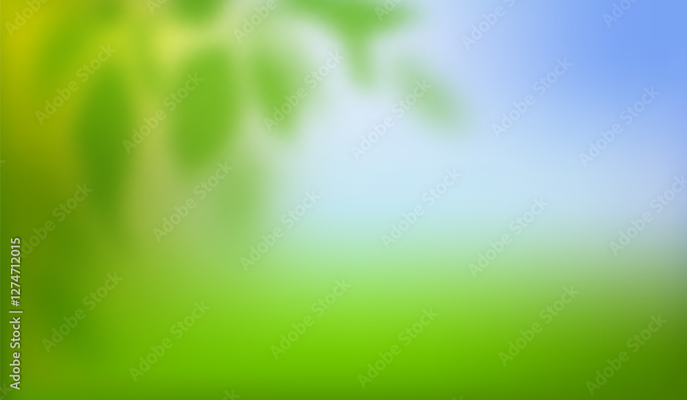 Aufkleber green spring background with blurred tree, grass and sky. vector illustration of a green gradient su