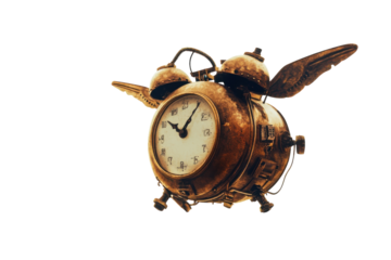 Wings float an antique alarm clock in dawn’s pale sky, symbolizing time's passage isolated on transparent background