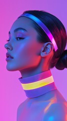 Fototapeta premium Futuristic fashion portrait of a young woman in pastel colors