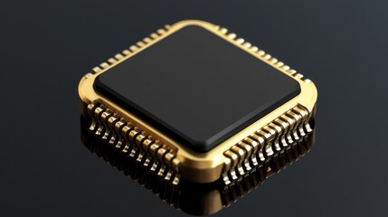 Isolated microchip on a clean, luxury-themed background with soft reflections.