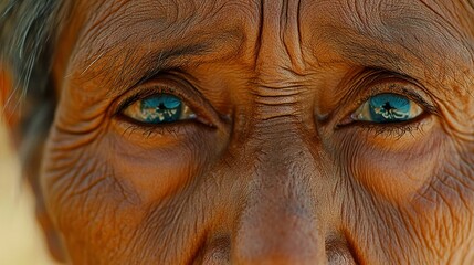 Close-up portrait of an elderly Native American person, showcasing deep wrinkles, wisdom, and cultural heritage through expressive facial details.