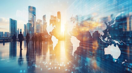 Double exposure of a business team and a world map, overlaying a city skyline at sunset, symbolizing global networking, teamwork, and corporate connections.