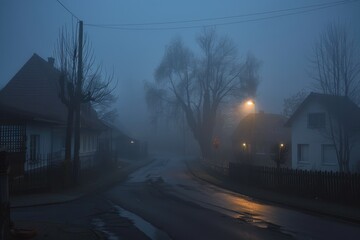 Obraz premium Fog envelops a quiet village street with old cottages under a moody sky at dawn, forming a serene yet mysterious atmosphere