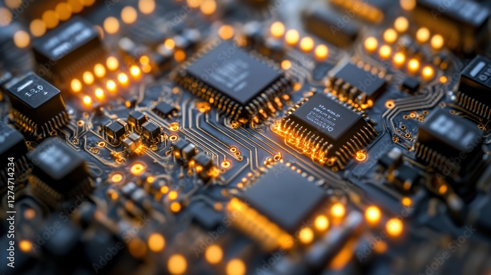 Poster macro perspective of a transistors intricate soldered connections, highlighted on a modern backgroun