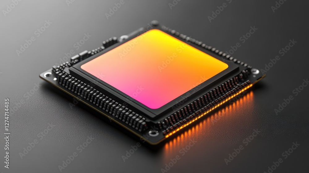 Poster modern microchip with glowing gradient surface on dark background