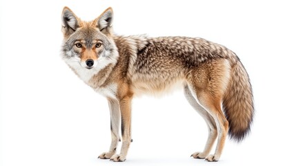 Obraz premium Wild coyote standing alertly on white background, displaying distinctive fur patterns and keen eyes