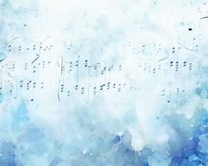 Blue Watercolor Sheet Music Background with Notes and Splatters for artistic projects
