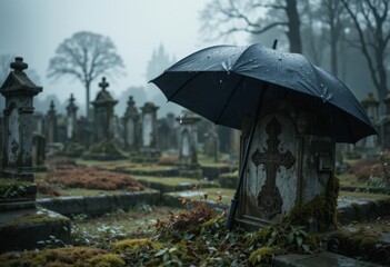 A black umbrella resting against a weathered gravestone, with raindrops on the fabric, surrounded by moss-covered stones and creeping vines, evoking serenity and introspection. Generative AI