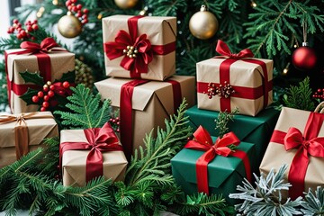 Holiday Gift Packages Decorated with Evergreen Foliage in a Joyful Display