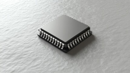 Minimalist composition of a microchip centered on a monochrome surface.