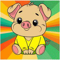 Pink pig in yellow clothes without background in retro style