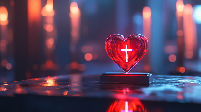 A close-up of a modern altar with a radiant red heart and cross symbol of jesus, the concept of christianity,fani, and memorial. Holographic Sacred Symbols. Illustration