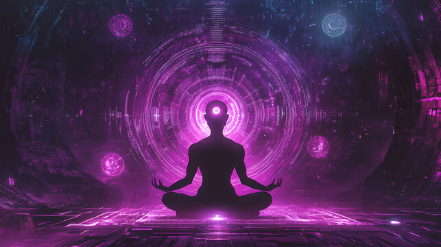 A futuristic depiction of brahma with glowing symbols and holographic projections of sacred texts, blending spirituality and technology. Holographic Sacred Symbols. Illustration