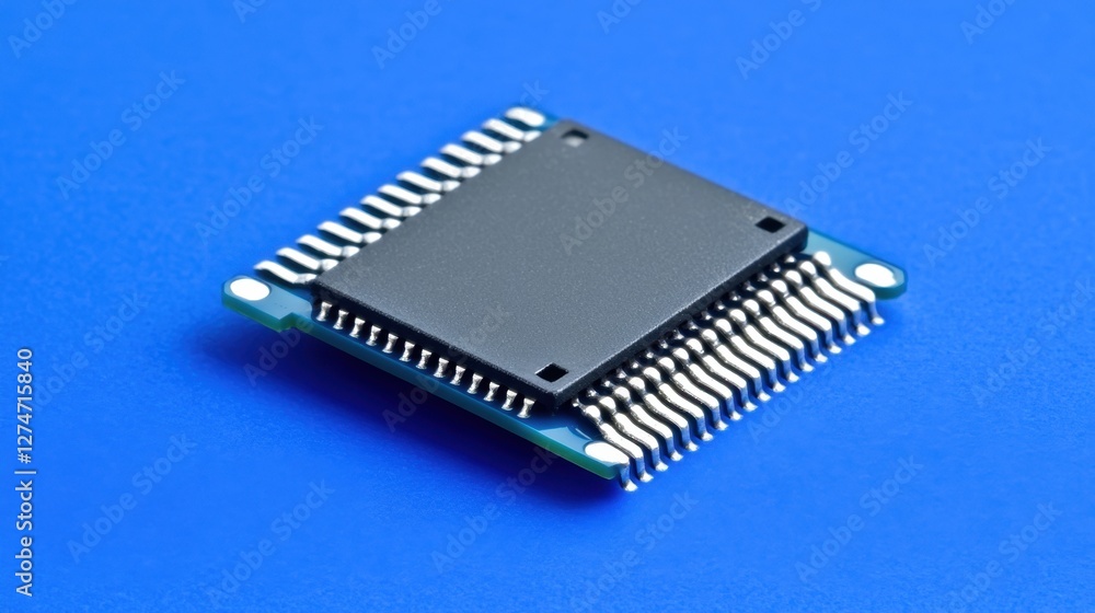 Poster modern microchip floating against a deep blue cyber-themed gradient.